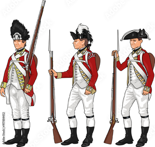 Set of Three British Soldiers in Uniforms from Various Regiments from American Revolutionary War Holding Muskets or Rifles, Illustration Isolated on White Background, EPS 10 Vector