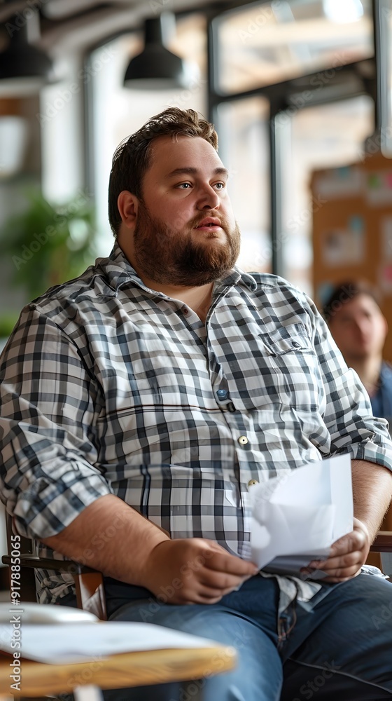 Overweight Man Confidently Presenting New Project to Attentive Team in Modern Workspace Overweight Man Confidently Presenting New Project to Attentive Team in Modern Workspace