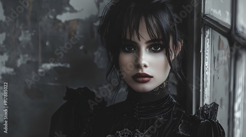 Gothic Inspired Fashion Portrait of a Captivating Model in a Moody Atmospheric Setting