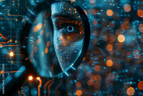 The Know Your Customer (KYC) concept enhances financial security by using biometrics and identity verification systems. A person uses a magnifying glass to access and protect personal financial data.