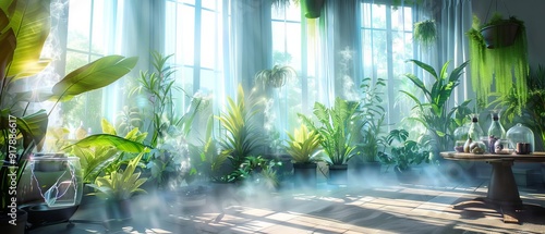 A living room with fairy tale props, witches reading from spell books, and a magical, enchanting atmosphere