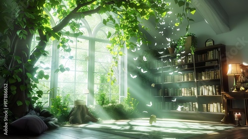 A living room with fairy tale props, witches reading from spell books, and a magical, enchanting atmosphere