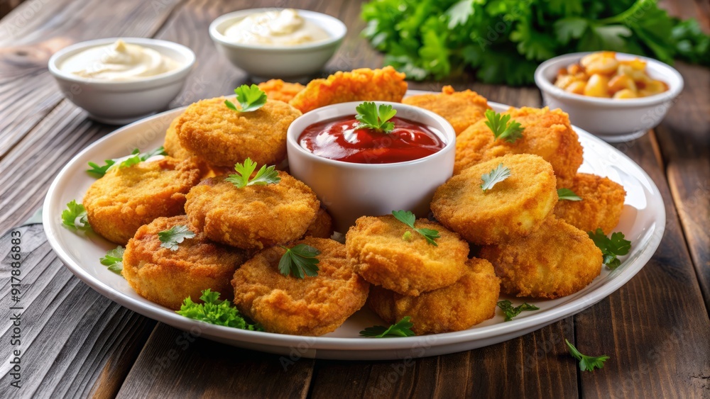 Crispy golden brown chicken nuggets stacked in a circular pattern on a white plate, surrounded by dipping sauces and garnished with fresh parsley. Crispy golden brown chicken nuggets stacked in a circular pattern on a white plate, surrounded by dipping sauces and garnished with fresh parsley.