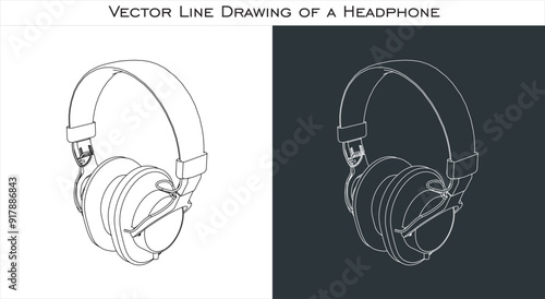 Vector podcast headphone blueprint technical drawing
