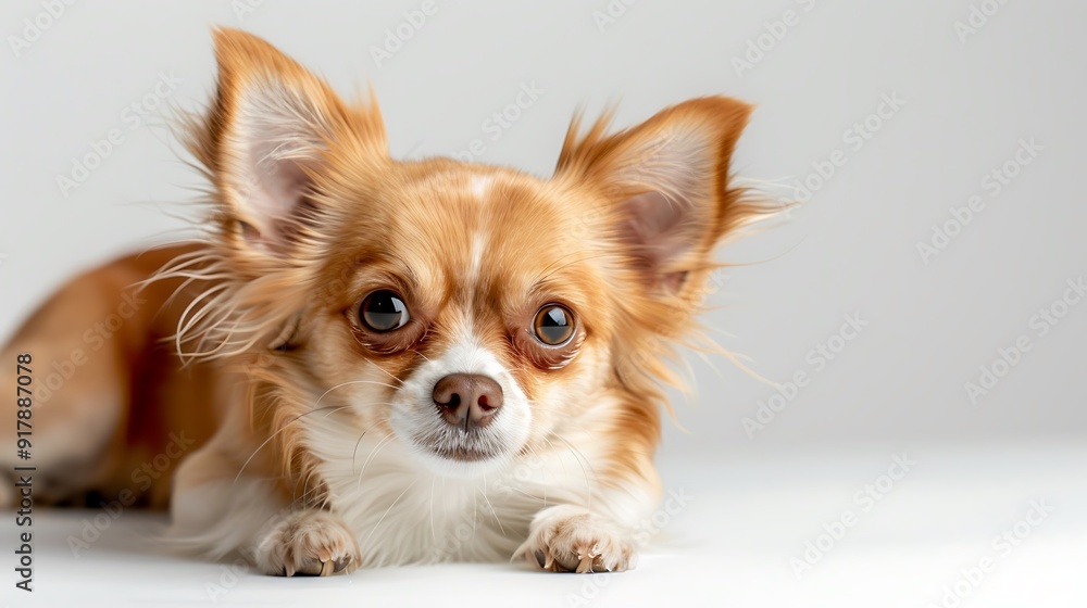 Adorable Merle Chihuahua in Play Bow Position on White Background Adorable Merle Chihuahua in Play Bow Position on White Background