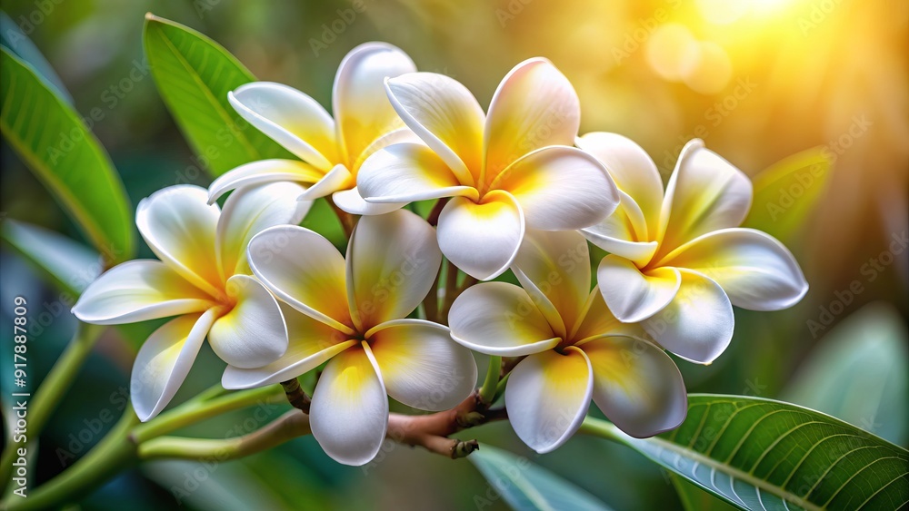 Delicate, fragrant frangipani flowers with creamy white petals and yellow centers sit isolated on a soft, blurred background, radiating serene tropical beauty and tranquility. Delicate, fragrant frangipani flowers with creamy white petals and yellow centers sit isolated on a soft, blurred background, radiating serene tropical beauty and tranquility.