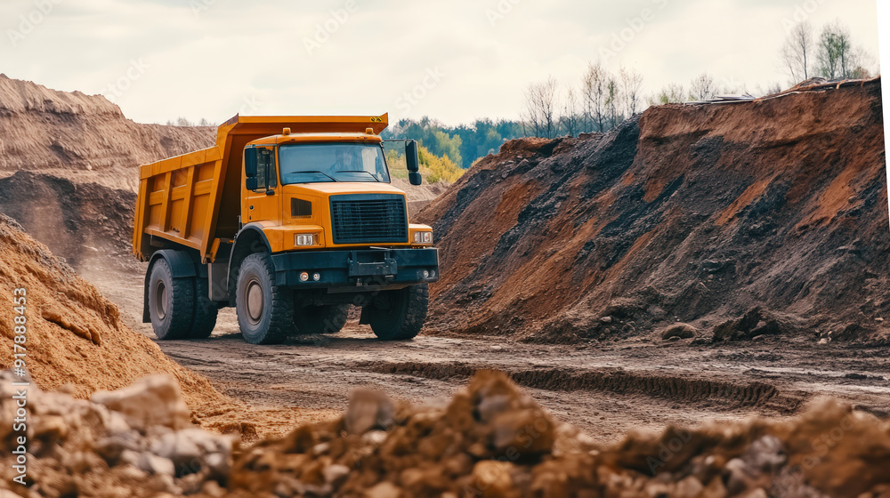Large Dump Truck at a Construction Site with Building Framework Large Dump Truck at a Construction Site with Building Framework