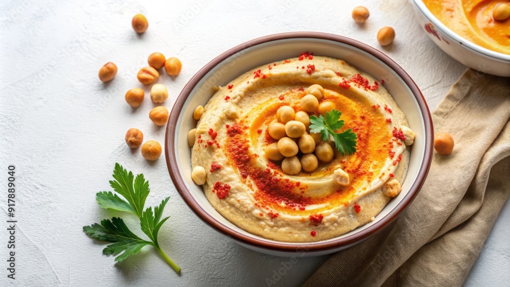 Delicious creamy hummus dip with a sprinkle of paprika and a few chickpeas on a clean and minimalistic white background, perfect for foodie designs. Delicious creamy hummus dip with a sprinkle of paprika and a few chickpeas on a clean and minimalistic white background, perfect for foodie designs.
