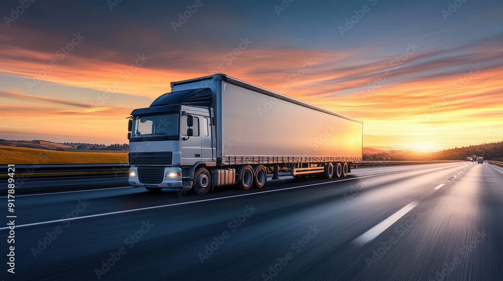 Semi-truck driving on a highway at sunset with a dramatic sky Semi-truck driving on a highway at sunset with a dramatic sky