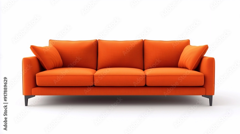A vibrant orange sofa with black legs, centered on a white background in the front view, with a simple and minimalistic design A vibrant orange sofa with black legs, centered on a white background in the front view, with a simple and minimalistic design