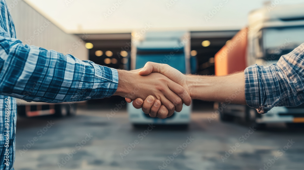© Maciej Koba - Two men shaking hands in front of trucks at a logistics center