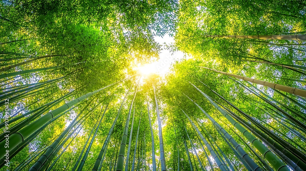 Looking up through a dense grove of bamboo stalks. The sun shines through the leaves, creating a beautiful light effect. Looking up through a dense grove of bamboo stalks. The sun shines through the leaves, creating a beautiful light effect.