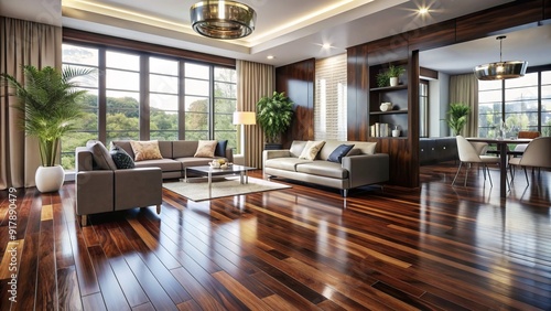 Elegant, high-gloss vinyl flooring in a rich, dark wood tone graces a sophisticated, modern living space with sleek lines and refined, upscale ambiance. photo