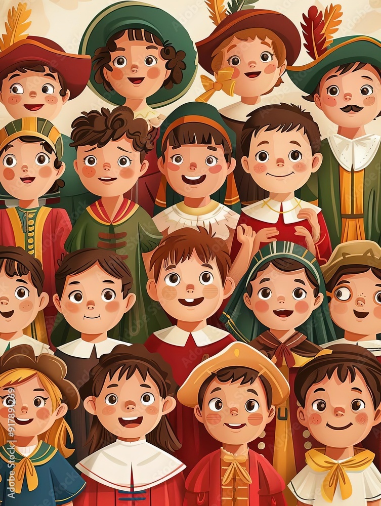 Columbus Day school play, children in costumes, flat design illustration Columbus Day school play, children in costumes, flat design illustration