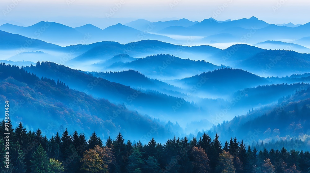 Obraz premium Misty mountain landscape with a blue hue.