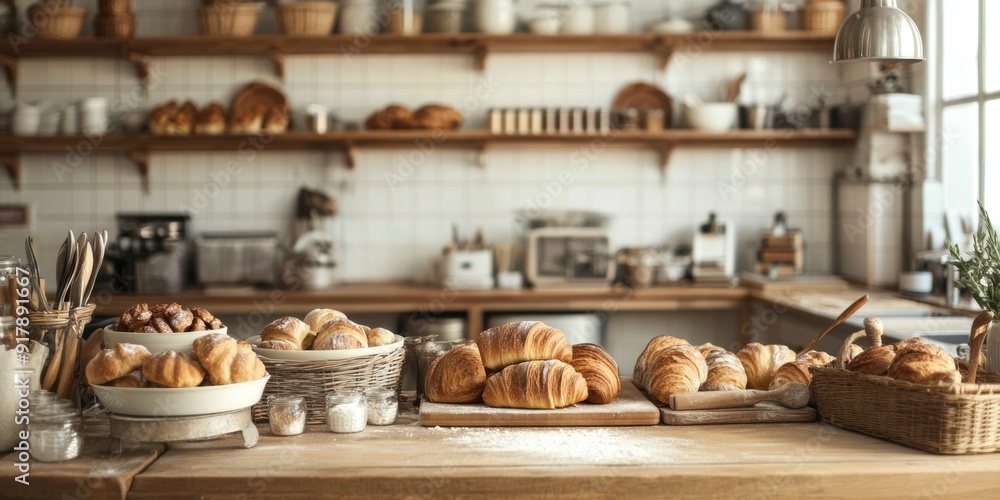 Warm and charming bakery kitchen atmosphere with the irresistible scent of freshly baked treats, highlighting an assortment of baked goods and kitchen tools for a homely feel. Warm and charming bakery kitchen atmosphere with the irresistible scent of freshly baked treats, highlighting an assortment of baked goods and kitchen tools for a homely feel.