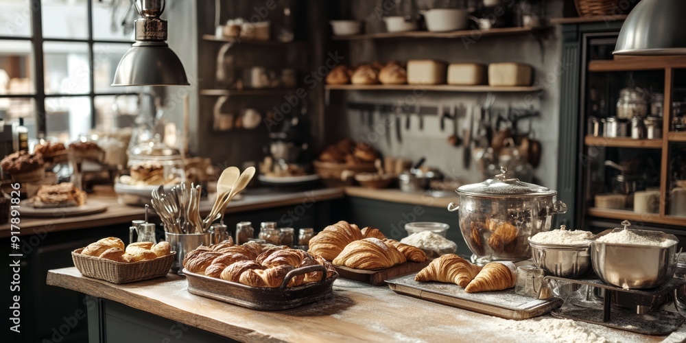 Fototapeta premium Charming bakery kitchen filled with the aroma of freshly baked treats, showcasing a delightful array of pastries and kitchen essentials in a warm, inviting setting.