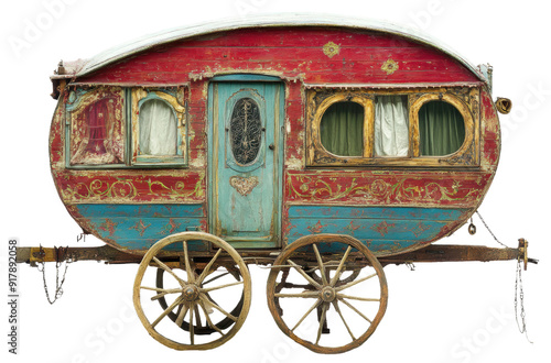 Colorful vintage gypsy caravan in sunny setting, cut out - stock png.