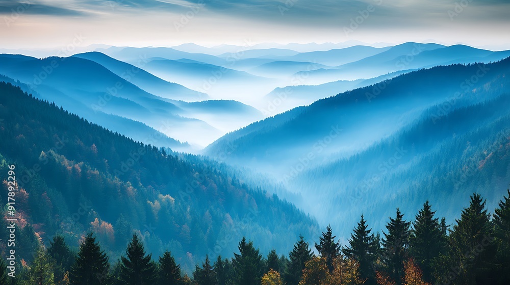 Obraz premium Misty mountain landscape with layered blue hills and fog.