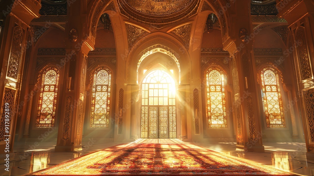 Obraz premium majestic mosque with sunlight reflecting on wet ground, framed by arched windows
