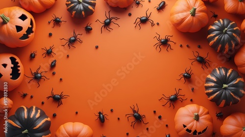Spooky Halloween top view background with an orange table covered in pumpkins and cockroaches, ideal for a Halloween-themed banner template and festive design.