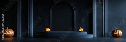 3D rendering of a dark Halloween background featuring a podium decorated with pumpkins, creating a spooky and atmospheric scene perfect for the holiday. photo