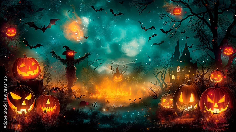Halloween night with carved pumpkins, a scarecrow, bats flying, and a haunted castle in the background, copy space for text, card invitation, banner poster Halloween night with carved pumpkins, a scarecrow, bats flying, and a haunted castle in the background, copy space for text, card invitation, banner poster