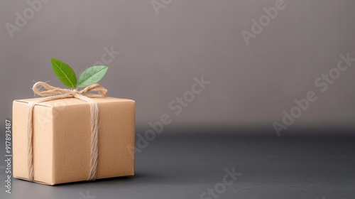 A minimalistic gift box with a green leaf on top, symbolizing eco-friendly packaging and sustainable gifting. photo