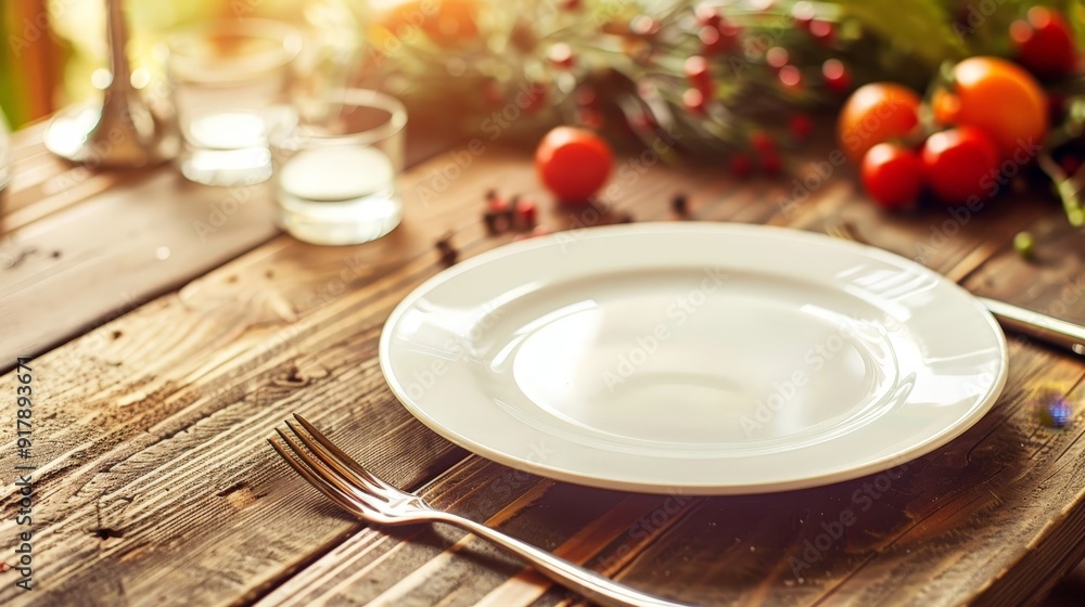 Rustic wooden table with empty white plate and fork. Rustic wooden table with empty white plate and fork.