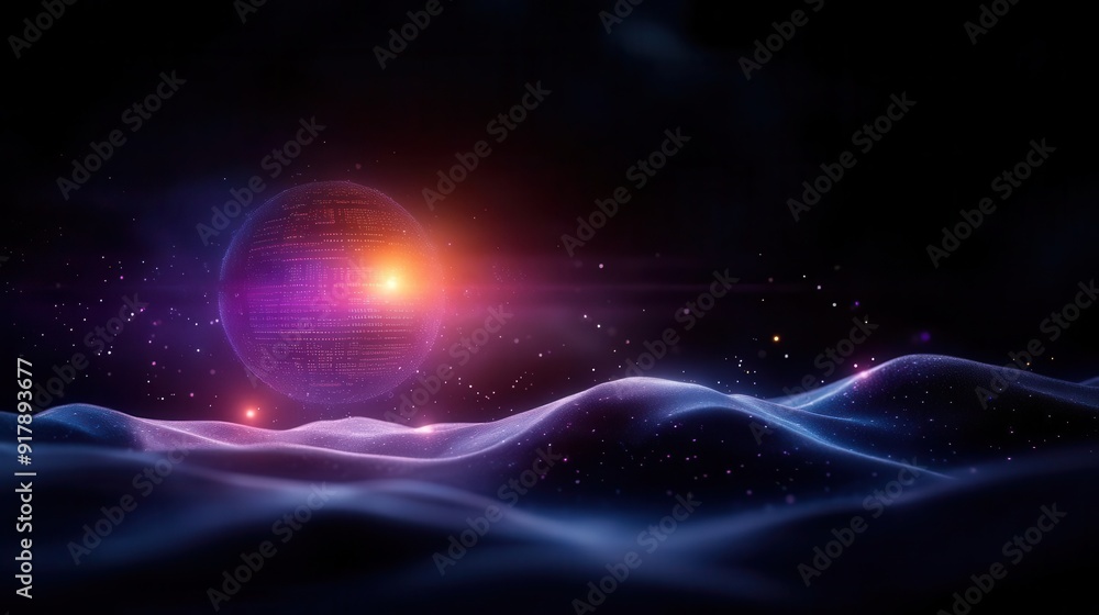 A stunning cosmic landscape featuring a glowing planet and colorful waves of light against a dark backdrop. A stunning cosmic landscape featuring a glowing planet and colorful waves of light against a dark backdrop.