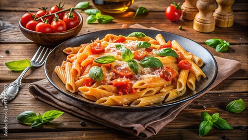 Freshly cooked pasta tossed in a rich and creamy homemade tomato sauce, garnished with basil leaves and grated parmesan cheese, served on a rustic wooden table. photo