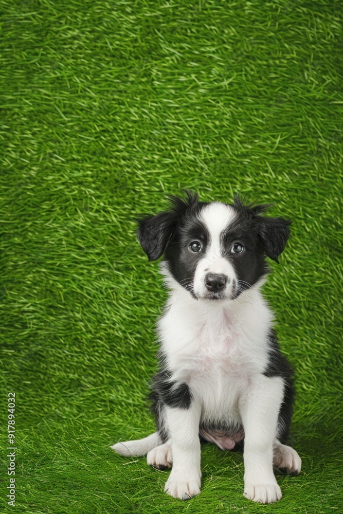Border Collie puppy sitting on vibrant green grass, looking up curiously. Border Collie puppy sitting on vibrant green grass, looking up curiously.
