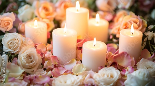 Sophisticated arrangement of white candles set among a mix of rose blossoms and delicate flower petals, showcasing an elegant and graceful atmosphere.