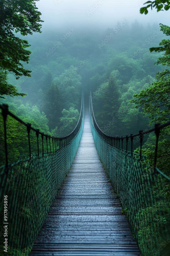 Obraz premium Misty morning view of a long suspension bridge in a lush, green forest. Atmospheric and serene scene with dense foliage and distant horizon.