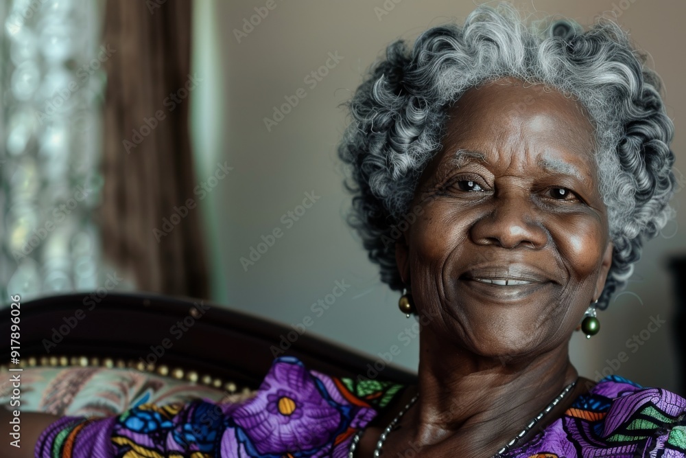 Fototapeta premium Close-up portrait of an elderly black woman. Beautiful simple AI generated image in 4K, unique.