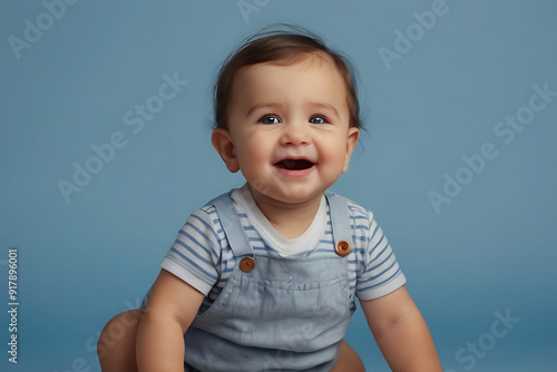 A potrait of cute baby wear cute dress in blue background studio photography