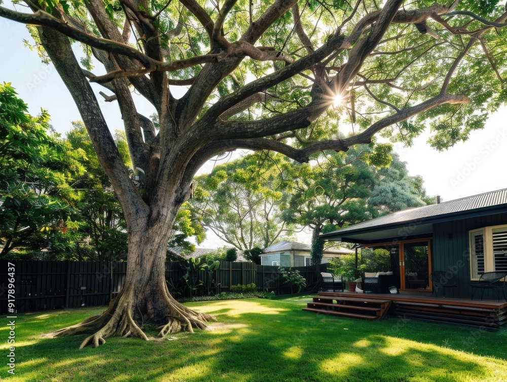 Serene Backyard Landscape with Majestic Tree and Modern Home Serene Backyard Landscape with Majestic Tree and Modern Home