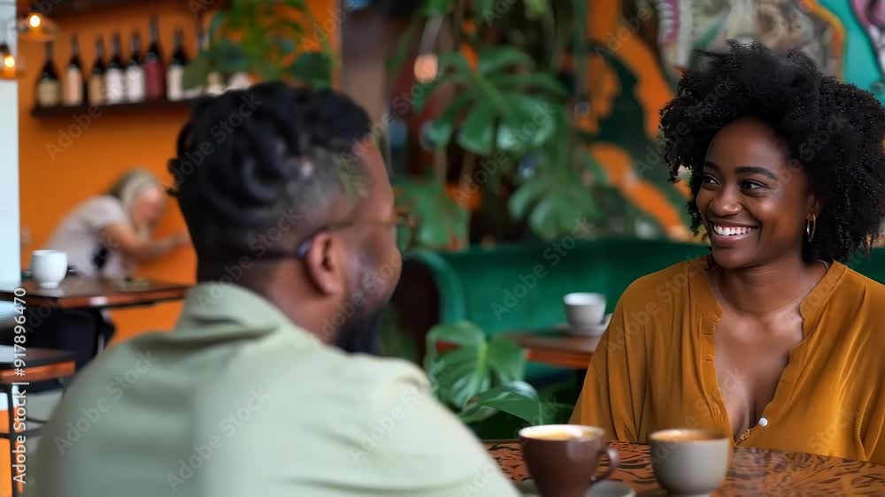 A happy black woman in her thirties having coffee with an African American man at the table. A happy black woman in her thirties having coffee with an African American man at the table.