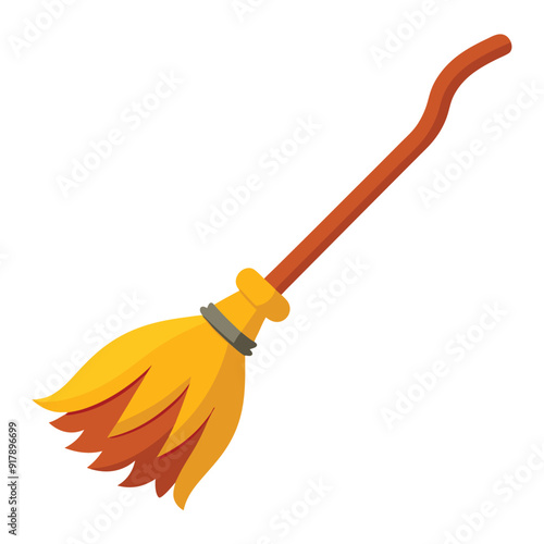 Illustration of Witch broom with wooden handle and yellow bristles 