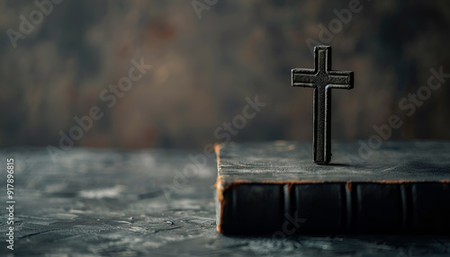 Bible, crosses on dark gray wooden table against black background. Religion of Christianity