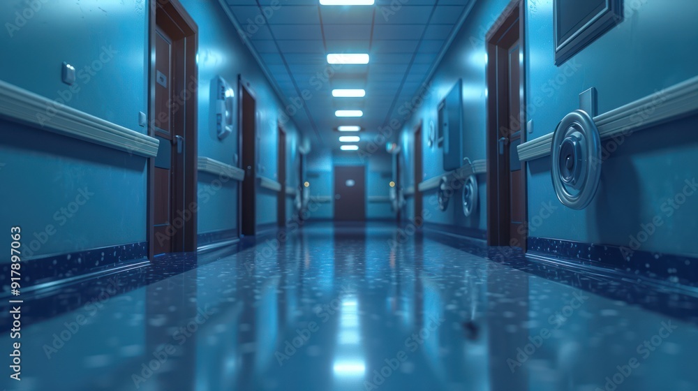 Empty Hospital Corridor with Blue Walls and Bright Lights Empty Hospital Corridor with Blue Walls and Bright Lights