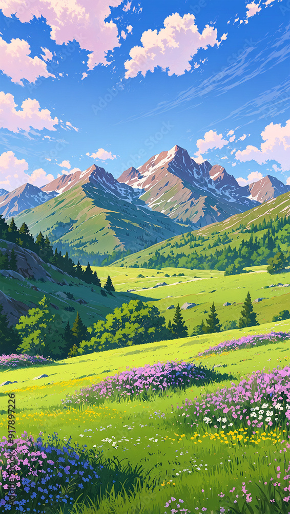 Obraz premium Beautiful view of flowering meadow with mountains and clouds, AI generated illustration 7