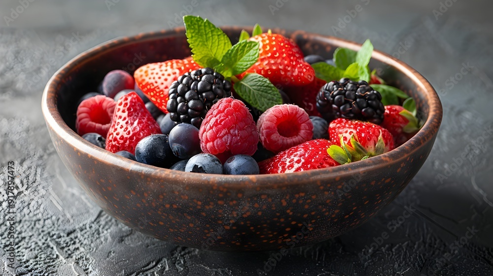 Vibrant Bowl of Fresh and Delicious Mixed Berries with Detailed Texture and Copy Space Vibrant Bowl of Fresh and Delicious Mixed Berries with Detailed Texture and Copy Space