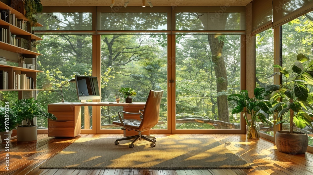 Serene Home Office with Forest View for Tranquil Work Environment