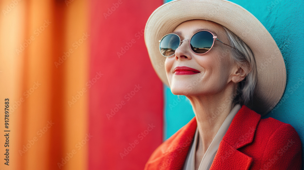 Stylish elderly woman in red coat and hat, wearing sunglasses, smiling confidently against a colorful urban background, exuding elegance and joy. Stylish elderly woman in red coat and hat, wearing sunglasses, smiling confidently against a colorful urban background, exuding elegance and joy.