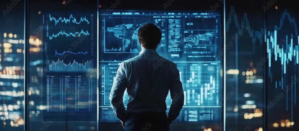 Businessman Analyzing Data on Digital Screens Businessman Analyzing Data on Digital Screens