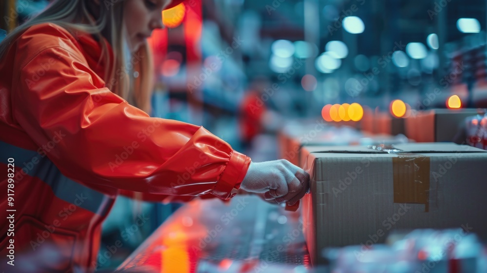 Young Woman Working in Warehouse Packing Orders at Night