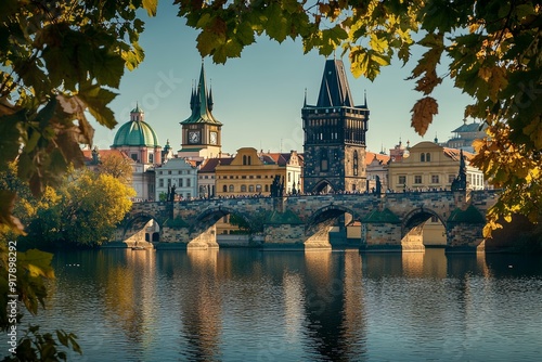 Prague s charles bridge and old town tower by vltava river   symbol of world tourism photo