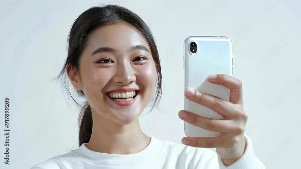 Woman taking a selfie with a green smartphone isolated on a white background. Woman taking a selfie with a green smartphone isolated on a white background.