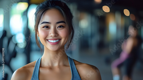Muscular Asian woman in sportswear, fitness trainer smiling and looking at the camera in the background of the gym Free Download Muscular Asian woman in sportswear, fitness trainer smiling and looking at the camera in the background of the gym - GFXLoad